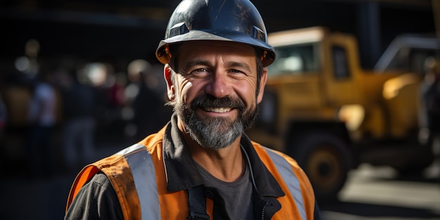 Trabalhador da construção civil feliz com capacete de segurança na frente de um canteiro de obras exalando confiança