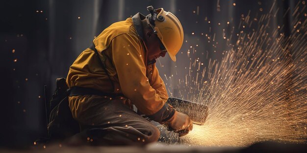 Trabalhador da construção civil moendo metal e fazendo faíscas