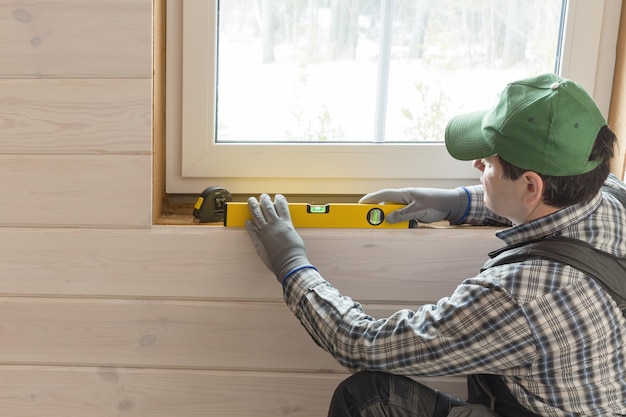 Trabalhador da construção civil que isola termicamente a casa de madeira ecológica com placas de fibra de madeira Letónia