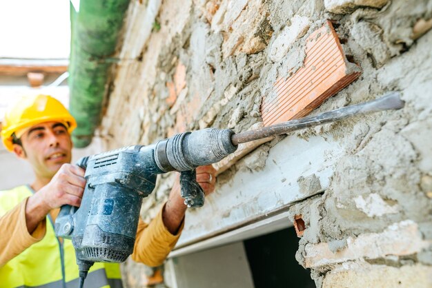 Trabalhador da construção civil trabalhando com britadeira