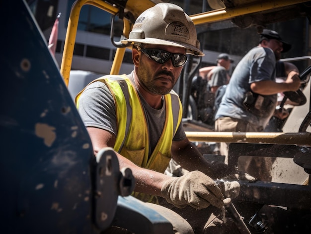 Foto trabalhador da construção civil trabalhando duro em um canteiro de obras movimentado