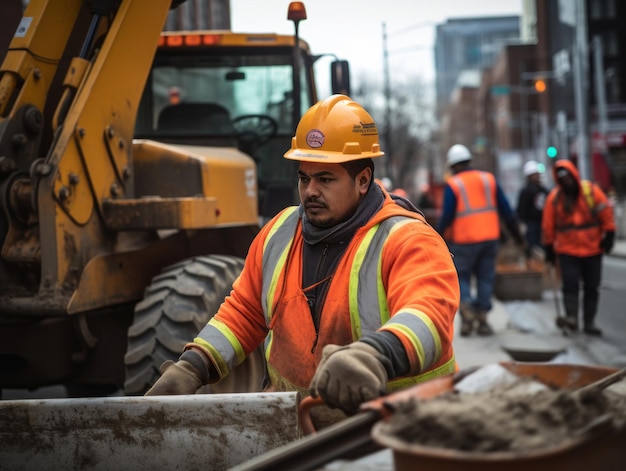 Trabalhador da construção civil trabalhando duro em um canteiro de obras movimentado