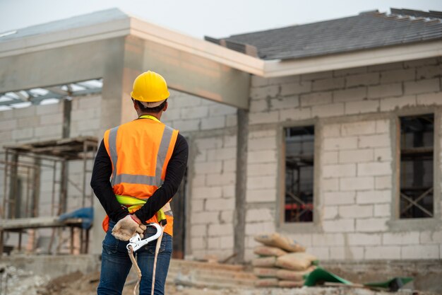 Foto trabalhador da construção civil usando cinto de segurança e linha de segurança em pé no canteiro de obras.