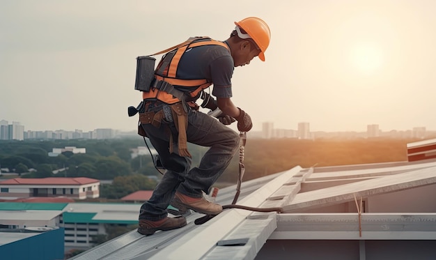 Trabalhador da construção civil usando cinto de segurança no trabalho no telhado Criando usando ferramentas generativas de IA
