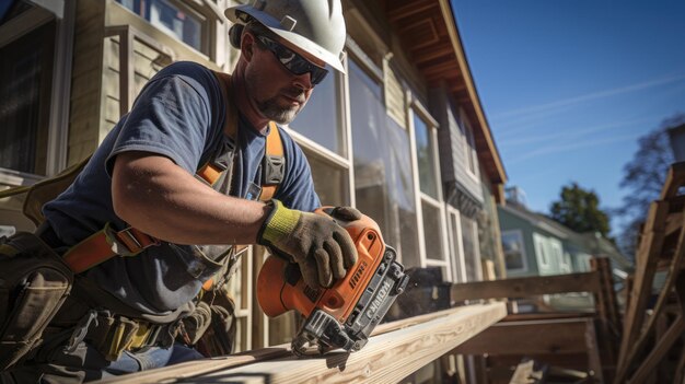 Trabalhador da construção civil usando furadeira para instalar janela