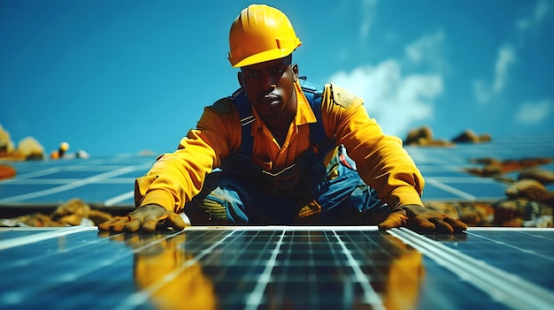 Trabalhador da construção com chapéu de segurança amarelo trabalhando em painéis solares conceito de energia renovável verde