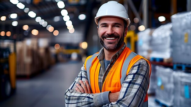 Foto trabalhador da construção com chapéu rígido sorrindo para a câmera