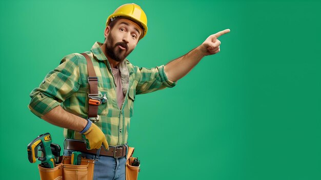 Foto trabalhador da construção confiante posando com ferramentas em um fundo verde apontando para o lado ideal para marketing e tutoriais ai