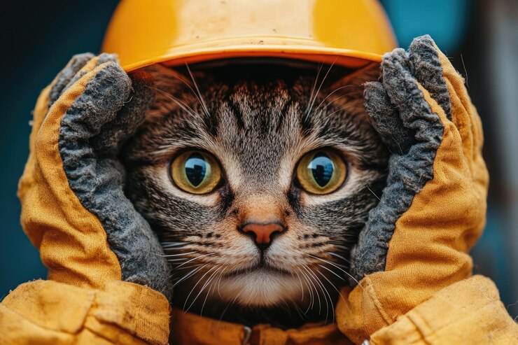 Foto trabalhador da construção confuso com um capacete de cabeça de gato e luvas de segurança em um hospital de trabalho