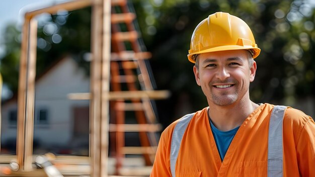 Trabalhador da construção em colete laranja no canteiro de obras