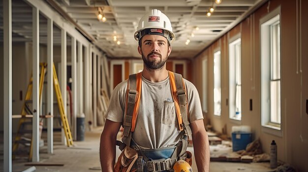 Foto trabalhador da construção em hardhat em pé em um edifício em construção