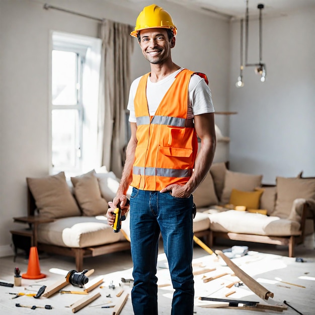 Foto trabalhador da construção em salas de estar