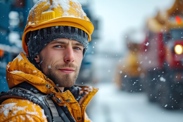 Trabalhador da construção em trajes de inverno com caminhões cobertos de neve ao fundo