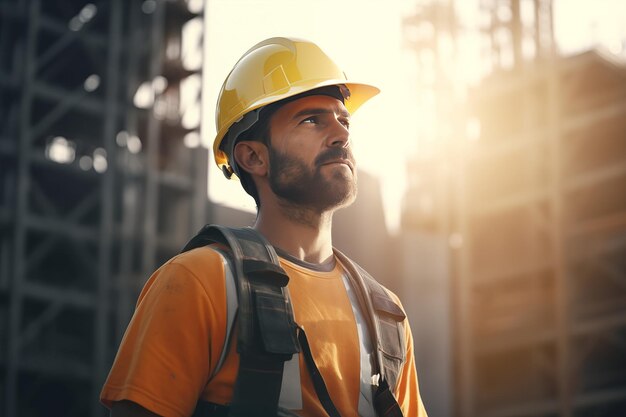 Trabalhador da construção em uniforme e equipamento de segurança no canteiro de obras