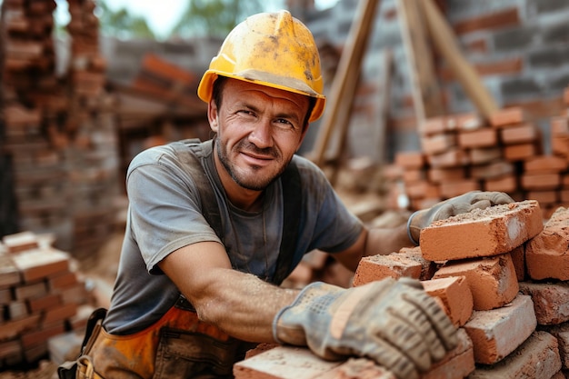 trabalhador da construção masculino em um capacete e macacão em um canteiro de obras com IA gerada