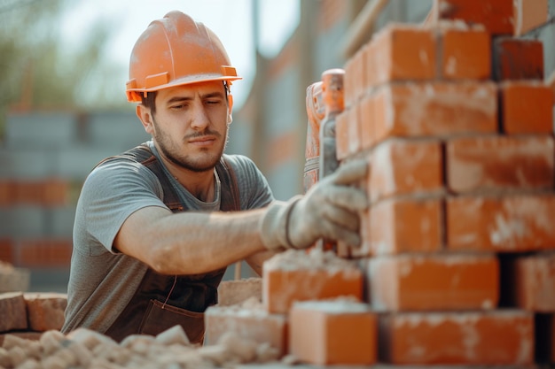 Foto trabalhador da construção masculino em um capacete e macacão em um canteiro de obras com ia gerada