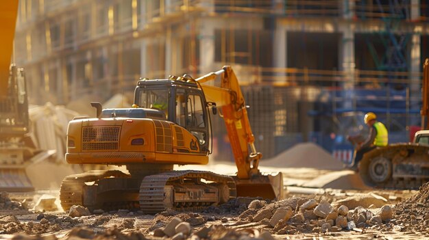 Foto trabalhador da construção operando máquinas pesadas no canteiro de obras bulldozer e escavadora