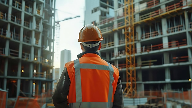 Trabalhador da construção usando capacete e colete de segurança de pé no local de construção com as costas para a câmera