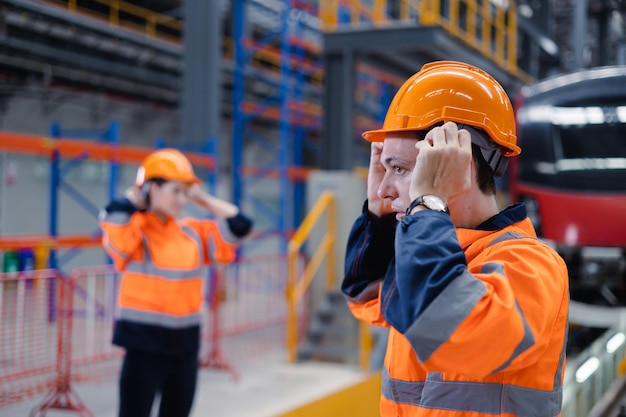 Trabalhador da equipe de engenheiros, verifique roupas de capacete de segurança para trabalho, depósito de serviço de trem elétrico, indústria de transporte, técnico de fábrica, equipe mecânica