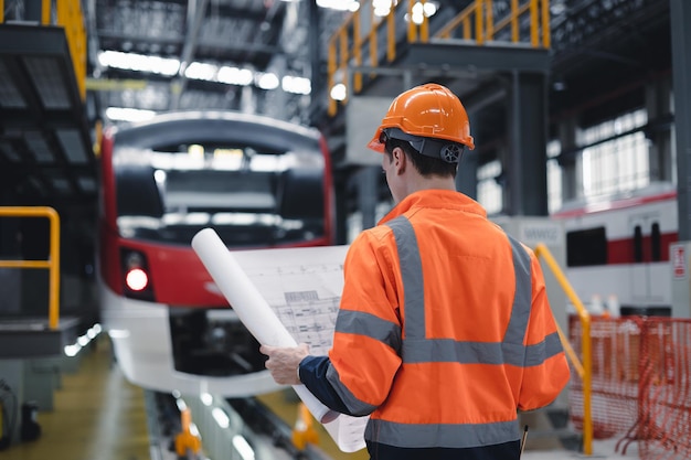 Trabalhador da equipe mecânica de engenheiro de trem elétrico com plano de design para programação de manutenção, verifique o serviço de funcionamento do trem na oficina da fábrica de trem