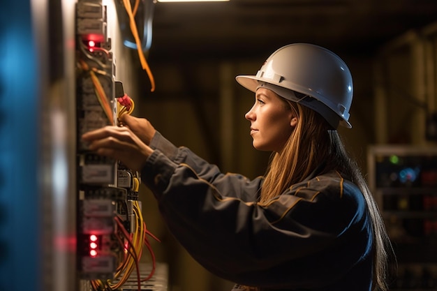 Foto trabalhador da indústria de retratos usando um computador operacional de controle uniforme de segurança na fábrica da indústria