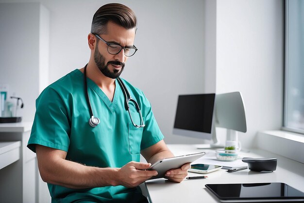 Foto trabalhador da saúde masculino usando tablet digital enquanto se inclina sobre a mesa na clínica