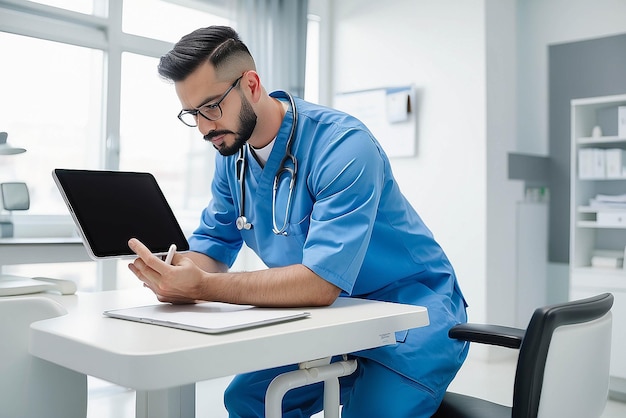 Foto trabalhador da saúde masculino usando tablet digital enquanto se inclina sobre a mesa na clínica