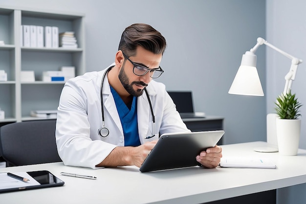 Trabalhador da saúde masculino usando tablet digital enquanto se inclina sobre a mesa na clínica