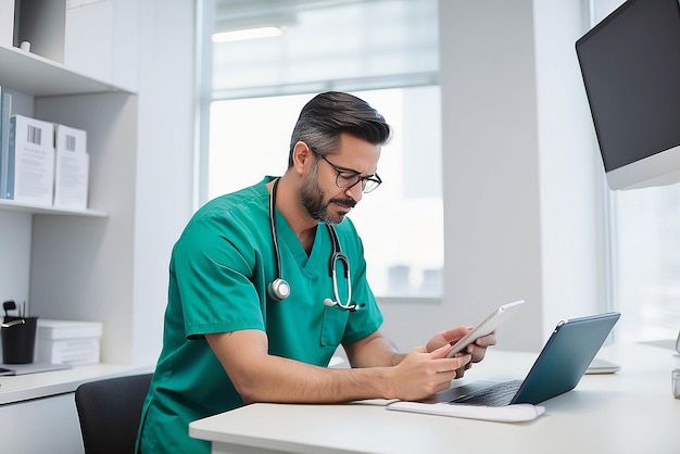 Trabalhador da saúde masculino usando tablet digital enquanto se inclina sobre a mesa na clínica