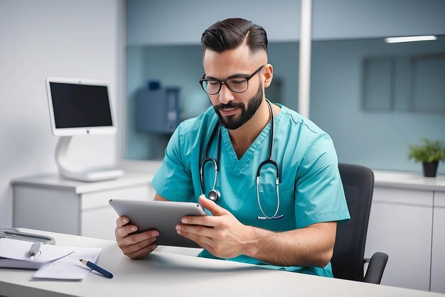 Trabalhador da saúde masculino usando tablet digital enquanto se inclina sobre a mesa na clínica