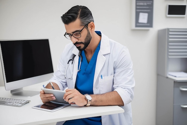 Trabalhador da saúde masculino usando tablet digital enquanto se inclina sobre a mesa na clínica