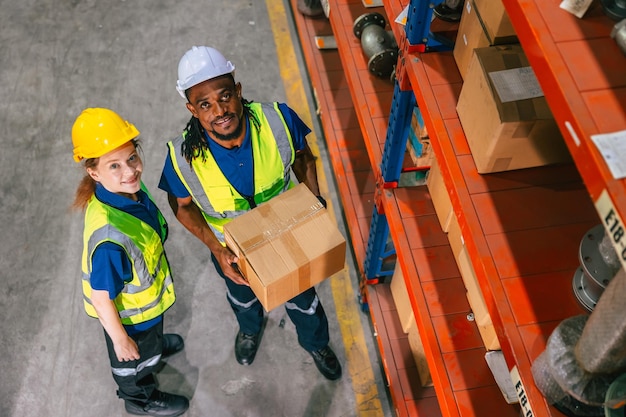 Trabalhador de armazém de carga feliz trabalhando em armazém transporte logístico indústria de entrega de produtos fornecimento