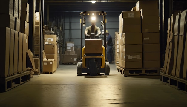 Trabalhador de armazém movendo caixas pesadas com uma empilhadeira Generative AI