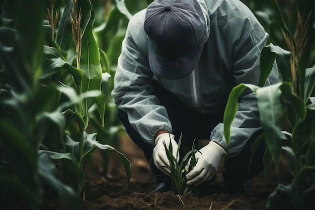 Trabalhador de campo não identificado ou agrônomo verificando colheitas generativas Ai