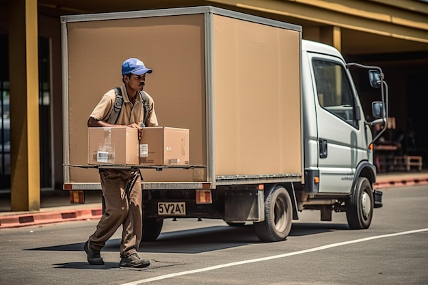 Foto trabalhador de carga carregando caixa em caminhão
