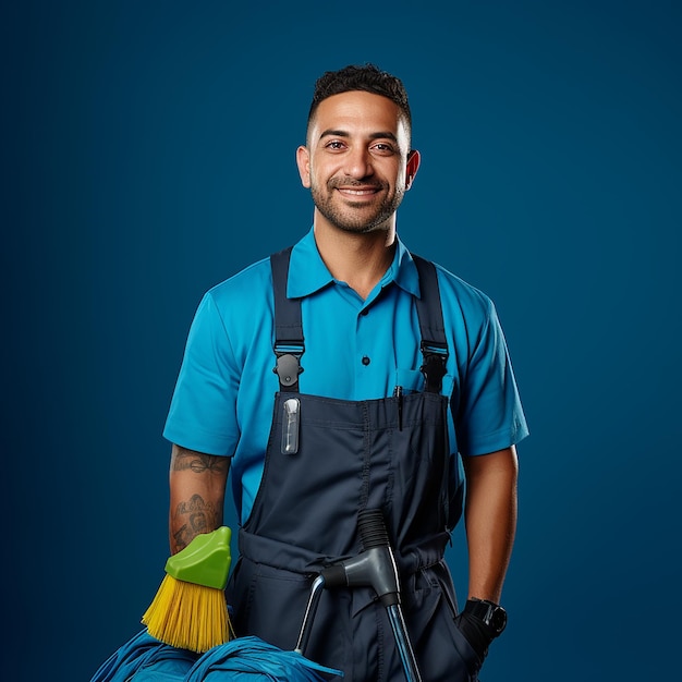 Foto trabalhador de casa em fundo azul sólido