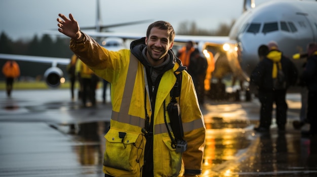 Trabalhador de casaco amarelo de pé na frente do avião e agitando a mão na chuva