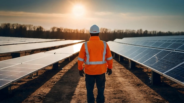 Trabalhador de casaco laranja trabalhando em painéis solares conceito de energia renovável fundo de energia verde