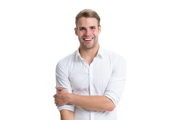 Foto trabalhador de colarinho branco homem bem arrumado camisa elegante de colarinho branco desabotoado fundo branco isolado trabalhador alegre escritório de trabalho pronto homem trabalhador de escritório bonito atraente código de vestimenta de trabalho