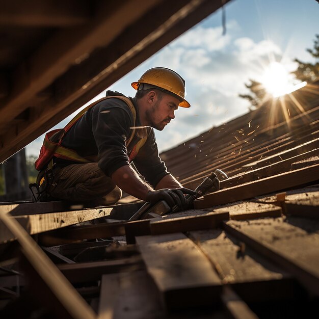 Trabalhador de construção a trabalhar num telhado