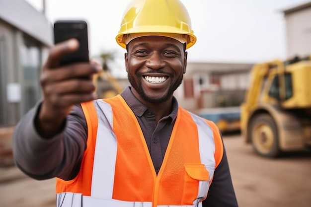 Foto trabalhador de construção afro-americano capturando um momento de selfie no trabalho criado com tecnologia de ia generativa