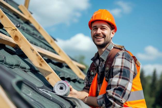 Trabalhador de construção alegre no telhado de um novo edifício