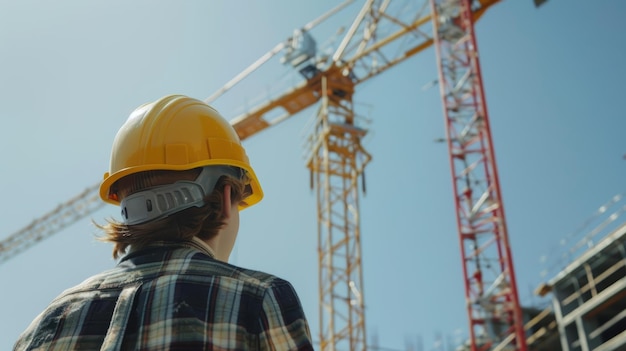 Trabalhador de construção com um capacete de segurança amarelo brilhante olhando para um grande guindaste céu claro