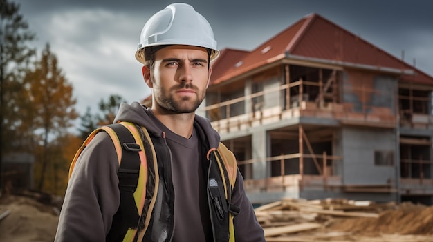 Trabalhador de construção confiante com capacete em um canteiro de obras