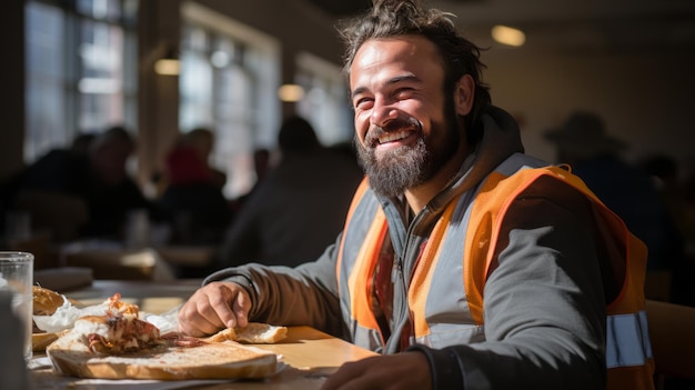 Trabalhador de construção feliz a jantar na cafeteria do local