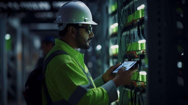 Trabalhador de construção inspecionando a tábua