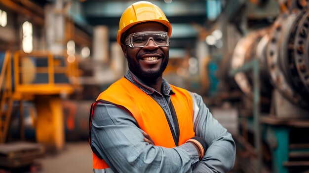 Trabalhador de construção profissional em uma fábrica sorrindo para a câmera