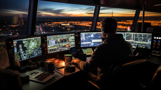Trabalhador de controle de tráfego aéreo Sala de escritório com tela de navegação Parada do avião