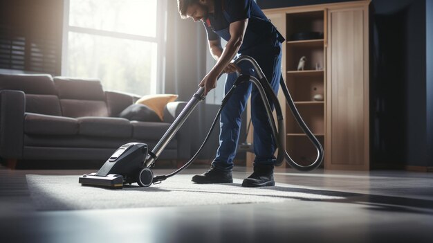 Foto trabalhador de desenho animado limpando a casa com um aspirador