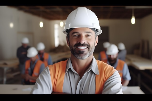 trabalhador de empreiteiro de construção masculino usando capacete de equipamento de segurança com fundo de local de construção